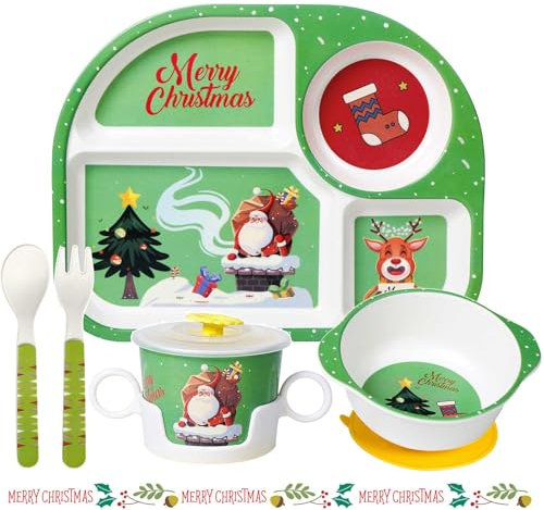 Greentainer Kindergeschirr set aus Plastik, 6er Sturzfest Geschirr Set- Baby Menü Tablett, Kinderschüssel mit Saugnapf, Becher mit deckel,Löffel, Gabel für Kinder, ab 6 Monaten,Spülmaschinenfest