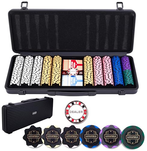 Engelhart - 320960 – Poker-Set – Koffer aus schwarzem Metall – 500 Chips 14 g ohne Nummer + 2 Kartenspiele, 1 Croupier-Knopf, 5 Würfel