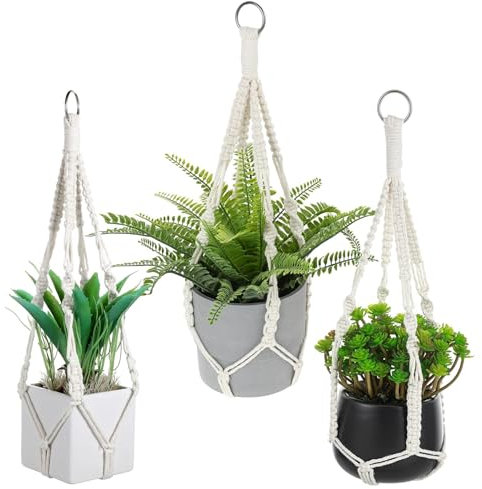 MUYAPAY 3 Pièces Macramé Support Pots Fleur, Pot de Fleurs à Suspendre Suspension Plante Coton Plantes Support Suspendu pour Intérieur Extérieur Balcon Décoration Jardin Style Bohême
