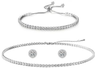 JNUIEU Silver Tennis Necklace and Bracelet Set for Women Wedding Jewelry Sets for Brides Earrings Prom Bridesmaid Jewelry (Silver01)