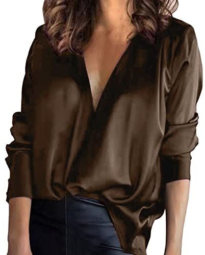 HUIFUAO Chemise Femme Longue Chic Et Elegant Soie Satin Blouse Shirt Haut Grande Taille Basique Ample Affaires Tunique Tops (Z01-Coffee, M) Day Prime Today on Clearance