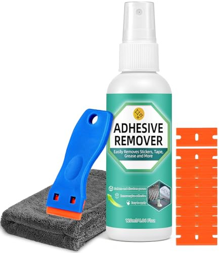 Adhesive Remover Spray, Glue Remover with Plastic Scraper and Towel, Surface Safe Sticky Stuff Remover for Car, Windows, Floor, Sticker Remover Rapidly Removes Labels, Gum, Tape, Wax (4.06Fl oz)