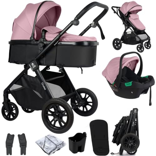 For Your Little One Cruise 3-in-1 Travel System with i-Size Car Seat, Stroller with Carrycot, 13kg Pram, Height Adjustable Handle, Pram, Newborn 0-4 Years Free Raincover and Cupholder (Blush Rose)
