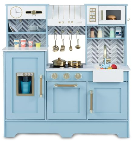 COSTWAY Kids Wooden Kitchen, Pretend Play Kitchen with Coffee Station, Microwave, Range Hood, Ice Dispenser, Stove, Oven, Cabinets & Utensils, Children Cooking Chef Role Playset for Boys Girls (Blue)