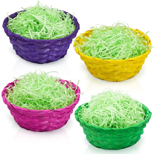 XIANGLONGY Cestas de Pascua Set de 4 con 100 g de Césped Decorativo – Cestas Trenzadas para Búsqueda de Huevos, Dulces y Decoración de Pascua – También como Cesta para Pan (Green)