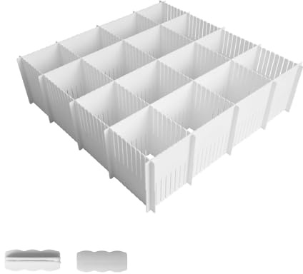 GomTrynxil 10 Piezas Separadores para Cajones Ajustables, 38 x 11 cm Organizador de Cajones Divisores Ajustables con 30 Accesorios de Fijación para Oficina, Cocina, Dormitorio y Baño - Blanco
