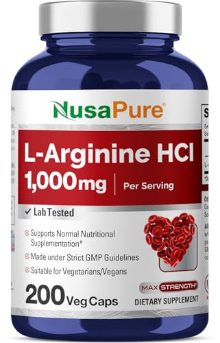 NusaPure L-Arginine 1000 mg 200 Veggie Capsules (Non-GMO, Vegetarian, Vegan)