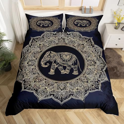 Feelyou Queen Duvet Cover Set Bohemian Cute Elephant Mandala Bedding Set Black Golden Boho Comforter Cover with Pillow Shams Kids Teens Adults Quilt Cover Set 3Pcs Floral Print