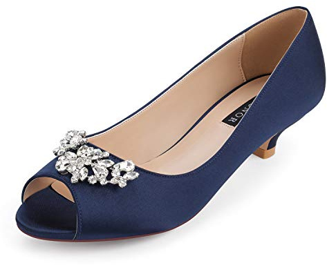 ERIJUNOR E0111 Women Comfort Low Kitten Heels Rhinestones Peep Toe Wedding Evening Party Shoes Dress Pumps Navy Size 7.5