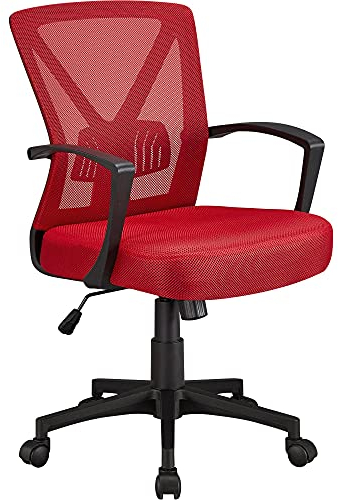 Yaheetech Sedia da Ufficio Scrivania Ergonomica Lombare Girevole a Rotelle Portata 136 kg Reclinabile in Rete Traspirante Altezza Regolabile con Braccioli Rossa