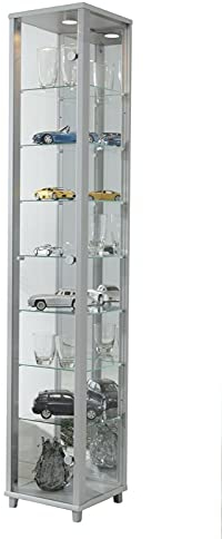 Glasvitrine Sammlervitrine Vitrine Standvitrine mit LED und 7 Glasböden höhenverstellbar ESG Glas in Silber Alu-Dekor 172x32x33 cm