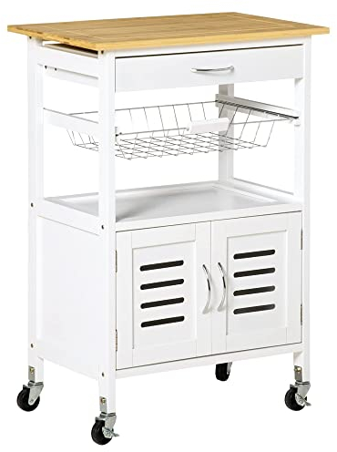 HOMCOM Rolling Kitchen Island Trolley Utility Cart on Wheels with Bamboo Table Top, Storage Cabinet, Drawer and Wire Basket