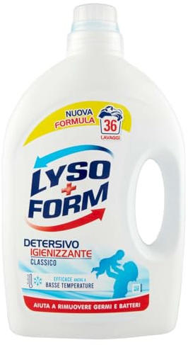 Lysoform, Detergente desinfectante clásico, detergente líquido para lavadora para una limpieza profunda y limpia segura, ropa blanca brillante, fragancia clásica, paquete de 36 lavados