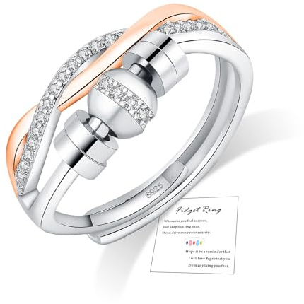 FUNTE® Anxiety Rings for Women 925 Sterling Silver Fidget Rings Adjustable Rose Gold Ring Thumb Rings for Stress Relief Five Spinner Beads Ring Twist Cubic Zirconia Rings
