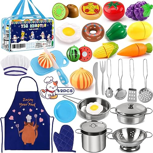 MULEVIP Set de Juguetes de Cocina para Niños - 32 Piezas Utensilios y Accesorios Culinarios Con Vegetales y Delantal