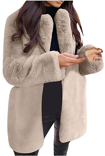 EMATOP Kunstpelz Mantel Damen Revers Wintermantel Teddy Fleece Kunstpelzjacke Winter Warm Pelzmantel Einfarbig Plüschjacke Lang Elegant Fellmantel Flauschig Kuschelig Winterjacke Felljacke