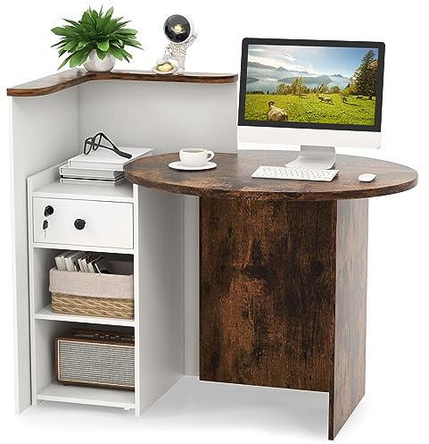 COSTWAY Reception Desk, Front Counter Desk with Lockable Drawer and Adjustable Shelf, Corner Cashier Retail Checkout Table Computer Desk for Beauty Salon Lobby (White+Rustic Brown, Right Tabletop)