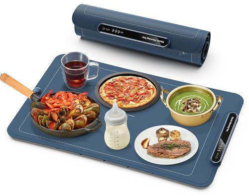 Warmhalteplatte für Speisen, Speisenwärmer Ganzflächige für Warm Halten oder Auftauen, Zusammenklappbare Speisewärmematte mit Automatische Abschaltung für Partys, und den täglichen Gebrauch, Blau