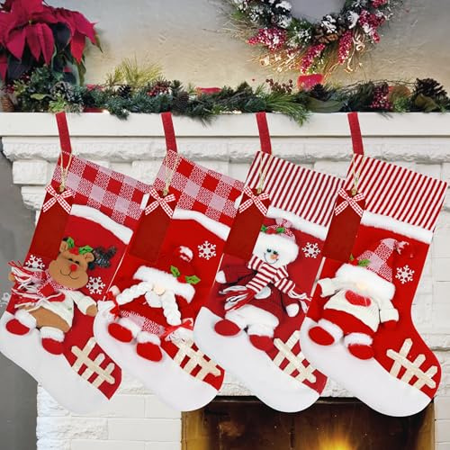 Ogrmar 4 PCS 17.8 Christmas Stocking Classic Large Stockings Santa, Snowman, Xmas Character Christmas Stockings with Personalized Name Tag for Family Holiday Xmas Party Decorations