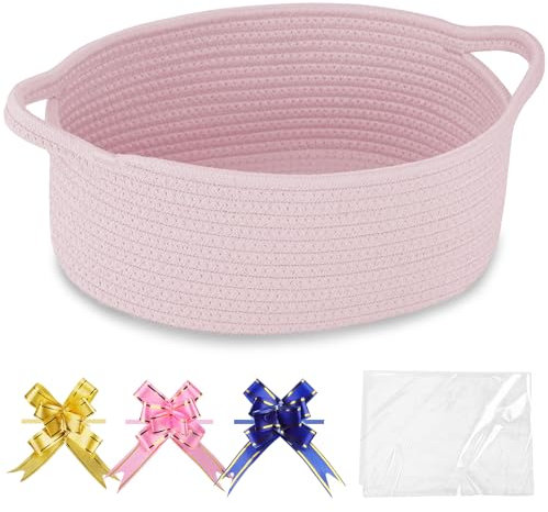 COMSE Small Woven Basket with Gift Bags and Ribbons, Gift Basket Empty, Nursery Organisers Storage for Baby Toy, Cotton Rope, 30.5 x 20 x 13 CM, Light Pink