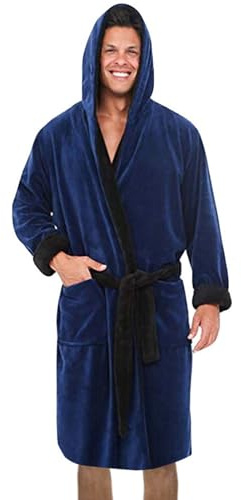 Albornoz de baño para hombre, bata de baño con capucha, bata de toalla suave gruesa y cálida, poncho de forro polar para invierno, bata de baño para ropa de dormir, azul, L