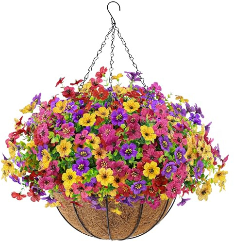 Der Rose Artificial Hanging Flowers Basket for Outdoors Outside Fake Hanging Plants Spring Summer Decoration UV Resistant for Garden Front Porch Patio Balcony Decor