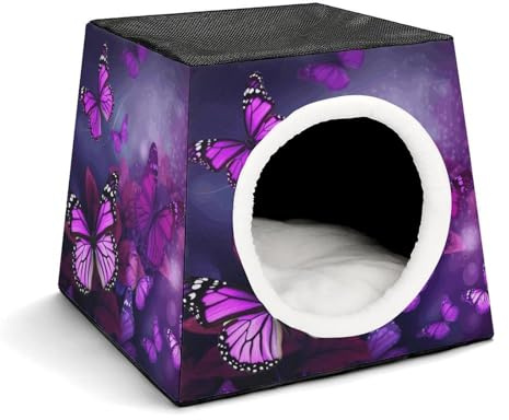 Cat House for Indoor Outdoor Cats Dogs Personalized Cat Cave Cute Lesure Purple Butterflies Printed Cat Beds Suitable for Small Sized Pets