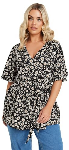 Yours Curve Daisy Print Textured Wrap Top - Women's - Plus Size Curve Black