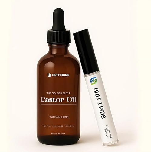 BRIT FINDS Organic Castor Oil Cold Pressed - Hexane Free, 100% Natural - Pure Castor Oil for Eyelashes, Hair Growth, Eyebrows, Skin, Face - Glass Bottle with Eyelash & Eyebrow Brush - 100ml