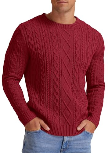 Hisir Men's Cable Knit Jumpers Winter Casual Crew Neck Thick Warm Long Sleeve Sweater Pullover Tops for Men UK (Brick Red, XXL)