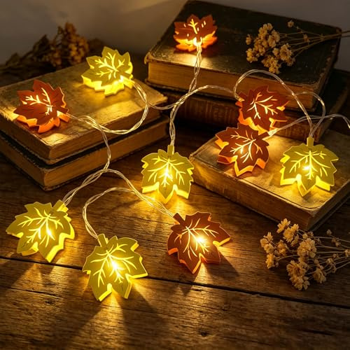 CHENBOOW Automne Décoration Lumineuse,Deco Automne Bois 1.5M,Deco Automne à Suspendre,Guirlande Lumineuse en Feuille d'érable,Lampes d'ambiance Automne LED,Décoration d'automne en Bois,pour la Maison