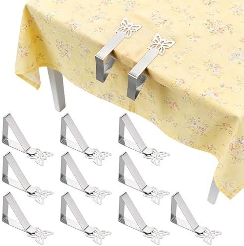 JIXLOUR - Lote de 10 pinzas para mantel de acero inoxidable (10 unidades, para mesas gruesas, restaurantes, mesas de jardín y picnics, color plateado