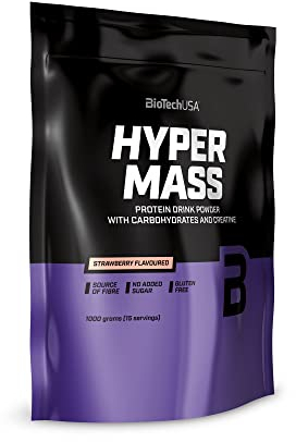BioTechUSA Hyper Mass - Mass Gainer con Carbohidratos y Mezcla de Proteínas | Creatina Micronizada | Sin Gluten, 1 kg, Fresa