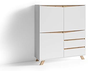 byLIVING Highboard Valentin/Sideboard matt weiß mit Absetzung in Eiche-Optik/Wohnzimmer-Schrank mit 3 Türen und 3 Schubkästen/Im Scandi-Style/Grifflos/B 120, H 142, T 38 cm