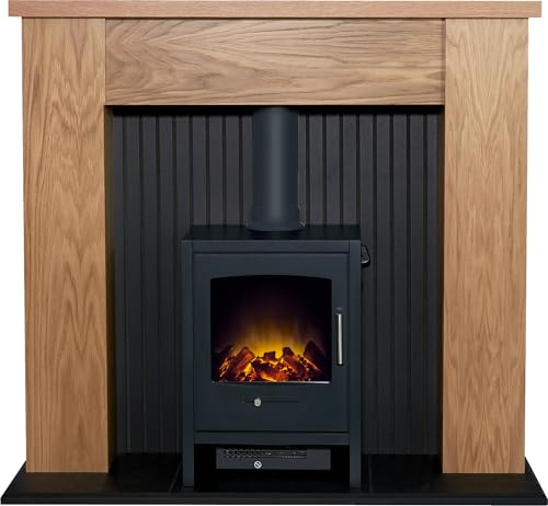 Adam New England Stove Fireplace in Oak & Black with Bergen Electric Stove in Charcoal Grey, 48 Inch