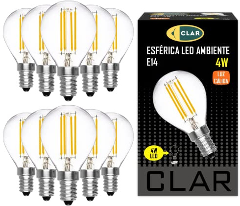 CLAR - Bombilla Filamento Led 4W, Bombilla Led E14 (Equivalente a 40W) Bombilla Led Casquillo Fino, Bombillas Decorativas, Bombilla E14, Led Lights, Esférica Luz Cálida 2700ºK (Pack 10)