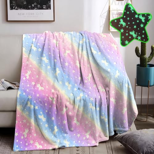 HZVRTN Coperta per bambini, con unicorno, si illumina al buio, in morbida flanella, per regali, letto, divano, soffice coperta (130 x 150 cm, unicorno A)