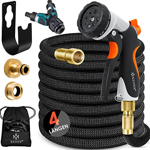 KESSER® Manguera de Jardín Flexible Premium | Expansible + Soporte de Pared | Manguera de Agua Flexible con Núcleo de Látex de Triple Capa | Conexiones de Latón de 15 metros Negro