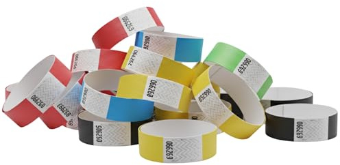 Pack Pulseras de Papel Tyvek® Lisas para Control de Acceso y Eventos. Pulseras Identificativas de Colores Numeradas y Resistentes al Agua con Cierre de Seguridad (1000, Multicolor)