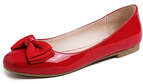 Feversole Women's Round Toe Cute Bow Trim Ballet Flats Dolly Shoes Red Patent Bow 5 UK