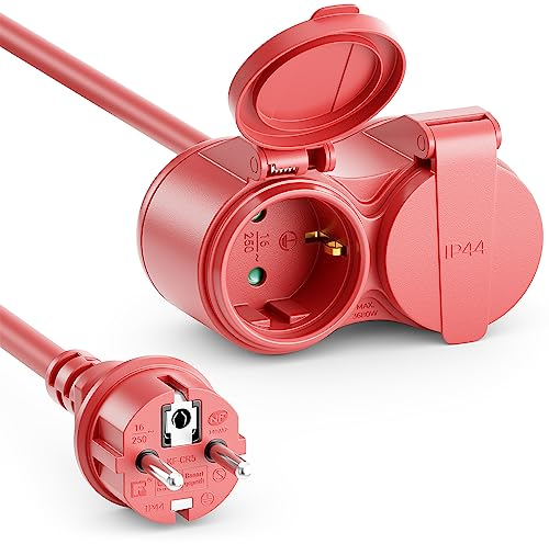 deleyCON 2m Cable de Extensión Exterior Eléctrico IP44 (H07RN-F 3G1.5mm²) Cable de Extensión Eléctrica Goma Resistente a la Intemperie para Uso Exterior - Conector de Tierra Macho a 2X Hembra Rojo
