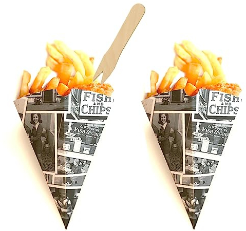Sunrise Packaging 25 x Newsprint Design Paper Cones for Chips Plus Wooden Chip Forks - Ecofriendly Food Safe Greaseproof Paper Chips Shop Cones - Newsprint Fish & Chips