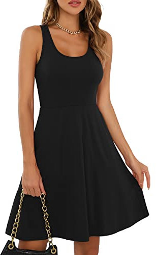 Missufe Rockabilly Sommerkleid Minikleid Tank Kleider Damen Skaterkleid Kurzes Freizeitkleid (Schwarz, Mittel)