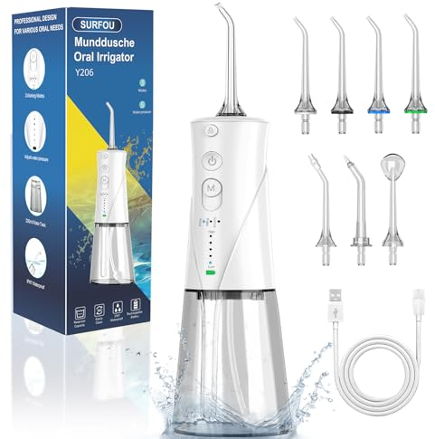SURFOU Munddusche Kabellos Water Flosser for Teeth, Elektrische Oral Irrigator Zahnzwischenraumreiniger Zahndusche Wasser Zahnreiniger, Elektrisch Zahnseide Wasserflosser für Zähne