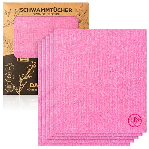 DANIHOME® Lot de 5 chiffons éponge de qualité supérieure en rose | Polyvalent dans la cuisine et la maison | Durable, lavable, réutilisable | torchons à vaisselle et torchons en un | Pour les amateurs
