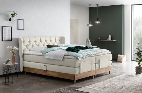 Belanoti EON Boxspringbett 160x200 elektrisch verstellbar 7-Zonen Taschenfederkern Matratze inkl Visco Topper Bett 160x200 mit Motor in der Farbe Beige H2/H3 Polsterbett Motorbett Massivholz Eiche