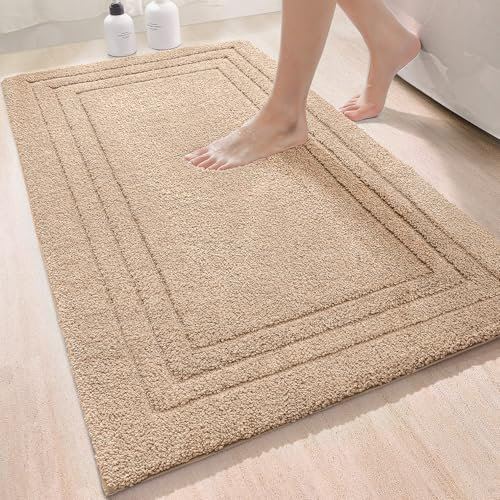 DEXI Badezimmerteppich 60 x 110 cm, weicher Badematte, rutschfest waschbar Badvorleger, Saugfähige Duschvorleger für Badezimmer, Dusche, Beige