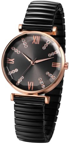 JewelryWe Damenuhr Elastisch Glitzer Uhr: Damen Analog Quarz Armbanduhr Schwarz Edelstahl Stretch Armband Frauen Lässige Uhr mit Strass Römischen Ziffern Zifferblatt