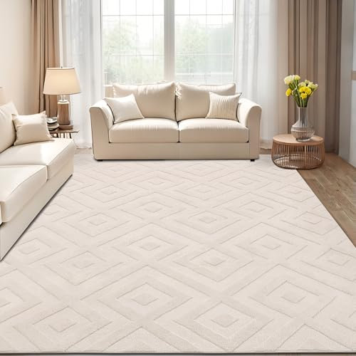 SHACOS Waschbarer Teppich Wohnzimmer Kurzflor, Weicher Teppich Modern Wohnzimmerteppich Geometrie mit 3D Effekt, rutschfeste Teppiche für Schlafzimmer, Esszimmer, Beige, 140 x 200 cm