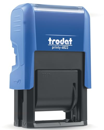 Trodat Printy 4.0 Tampon multiformule 4822A BL/BL - 12 formules en français - Hauteur de texte 4mm - Encre bleue incluse - Encrage automatique - Rechargeable - Format de l'impression : 27 x 4 mm